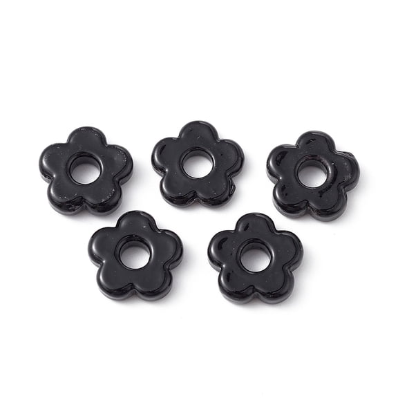 Handmade Lampwork European Beads Large Hole Beads Flower Black 15~16x4~6mm Hole: 4.8mm