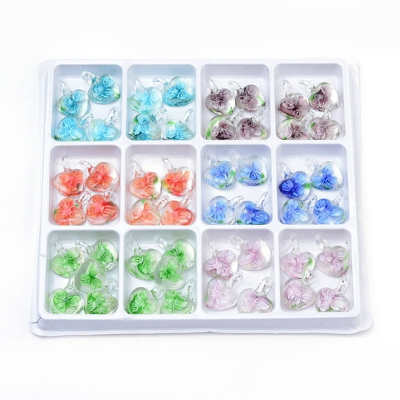 Handmade Lampwork Pendants Inner Flower Heart Mixed color 27~32x21~22x9~10mm Hole: 6~8mm 50pcs/box 1box