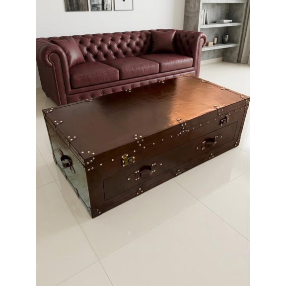 Handmade Large Leather Trunk  Storage - Living Room Leather Top Coffee Table, Farmhouse Decor, Wooden Center Table For Chesterfield