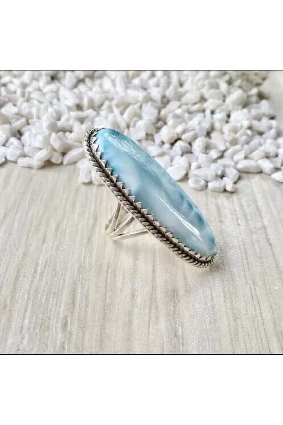 Handmade Larimar Statement Ring – 925 Sterling Silver, Oval Stone, Nickel-Free, All Sizes – PRITY JEWELLERS