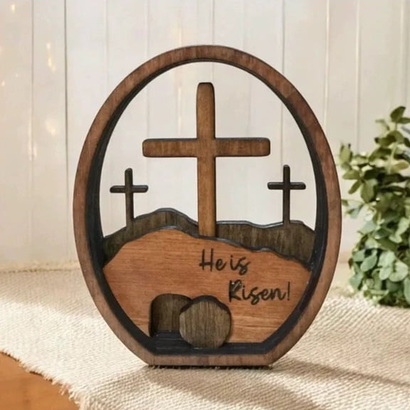 Handmade Layered Wooden Easter Cross Ornament - Rustic Natural Wood Decor with Ribbon & Eggs, Easter Tabletop Centerpiece, Shelf Decor, Gift for Easter Sunday