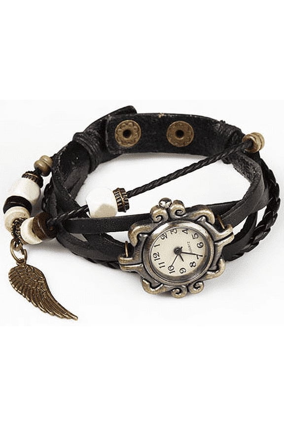 Handmade Leather Angel Wing Womens Watch, Black