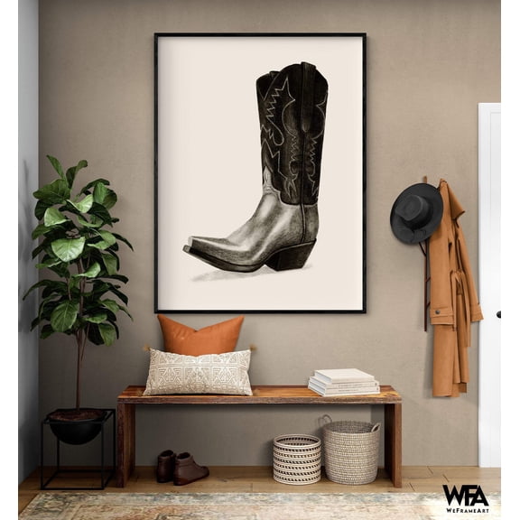 Handmade Leather Boots Poster Print, Rustic Boots Wall Art, Black Cowgirl Boots Wall Art, Ranch Office Illustration Poster