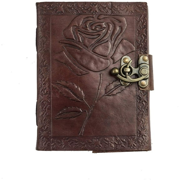 Handmade Leather Bound Journal Vintage Writing Notebook For Women and Men with Lock & Engraved Rose Gift Art Travel Diary Book of Shadows Notebooks To Write (7 by 5 Inches)