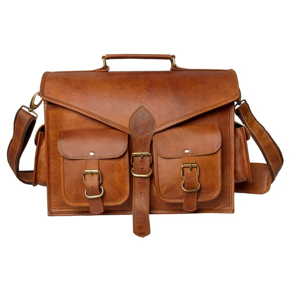 Handmade Leather Briefcase Messenger Bag With 2 Pocket Front.