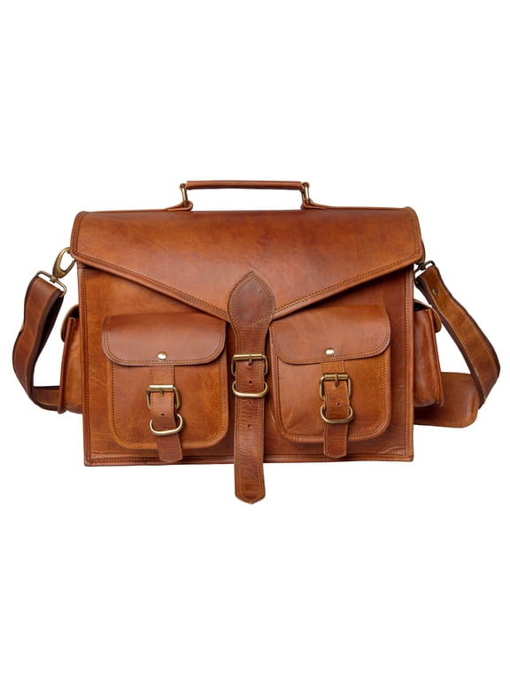 Handmade Leather Briefcase Messenger Bag With 2 Pocket Front.