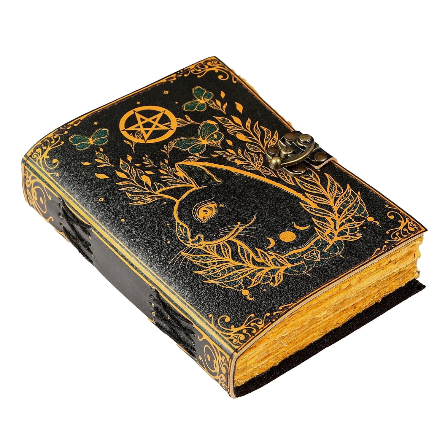 Handmade Leather Cat Journal with Pentagram Design, Gothic Vintage Lock Diary Notebook