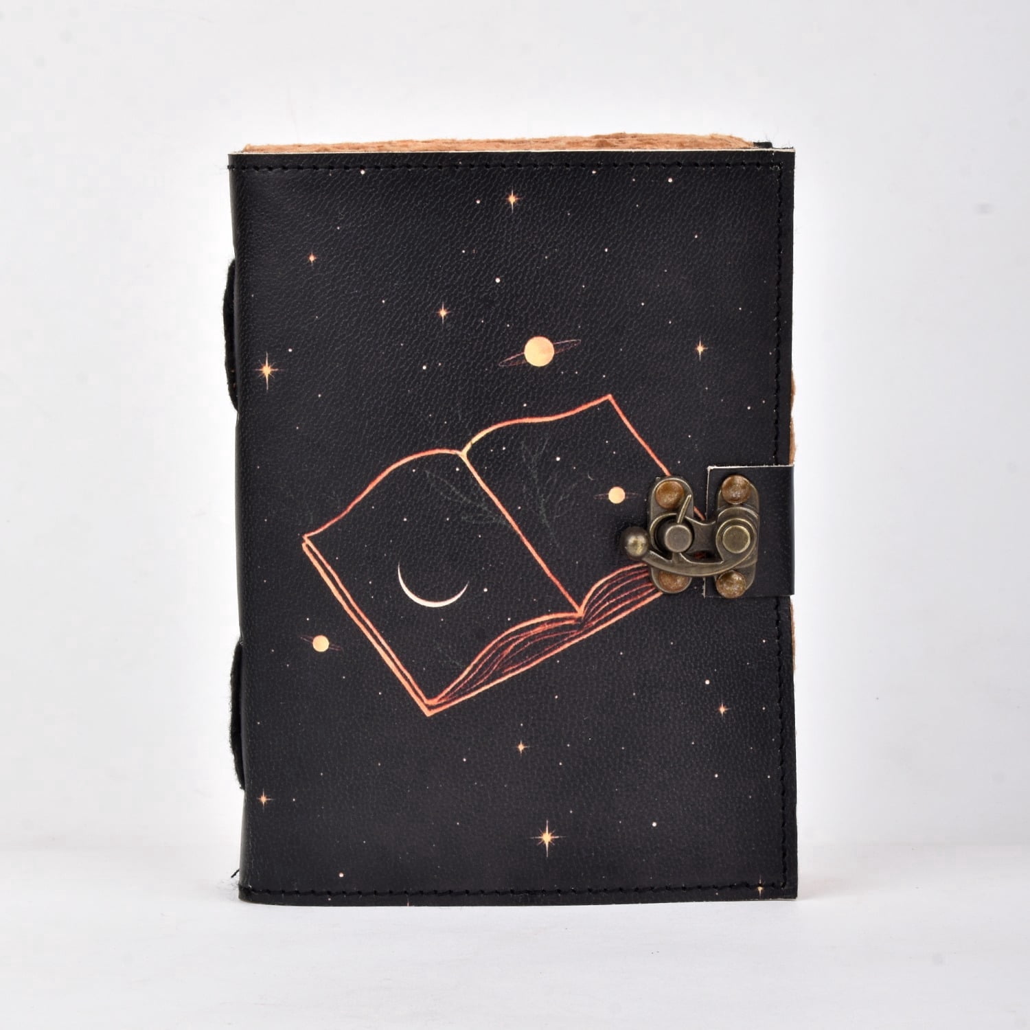 Handmade Leather Celestial Book Journal with Lock, Moon & Stars Writing Diary Notebook