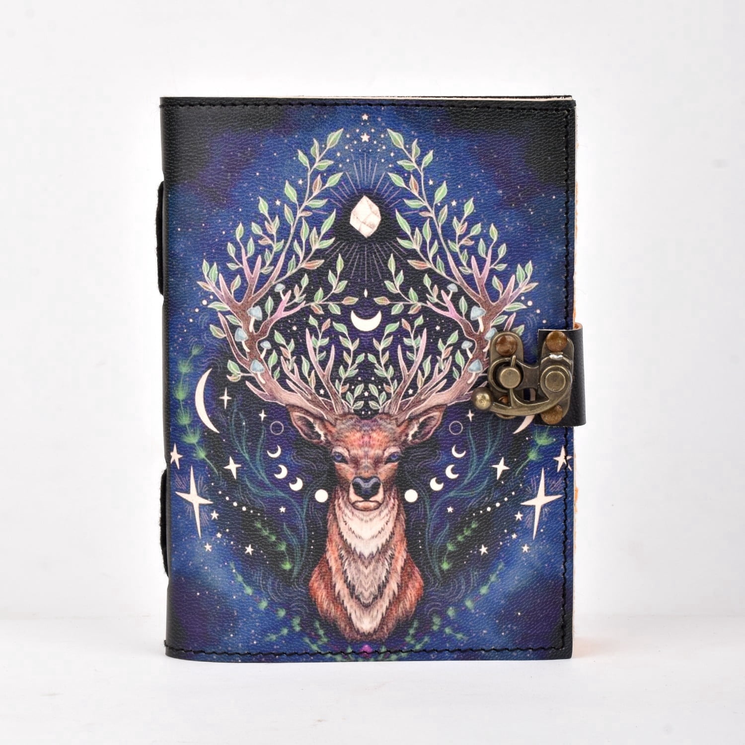 Handmade Leather Deer Journal with Celestial Design, Vintage Lock Writing Diary Notebook