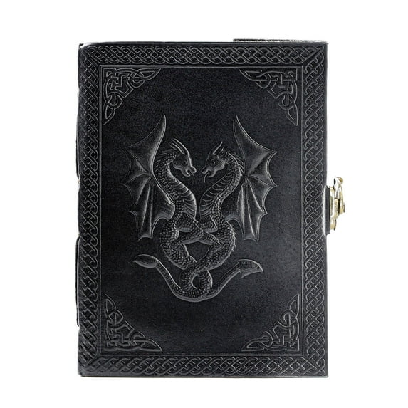 Handmade Leather Double Dragon Journal/Writing Notebook Diary/Bound Daily Notepad (7" x 5", Black)