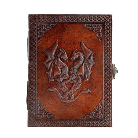Handmade Leather Journal with Double Dragon Design – Unlined Writing Notebook, 8×6 Inch Refillable Diary for Men and Women