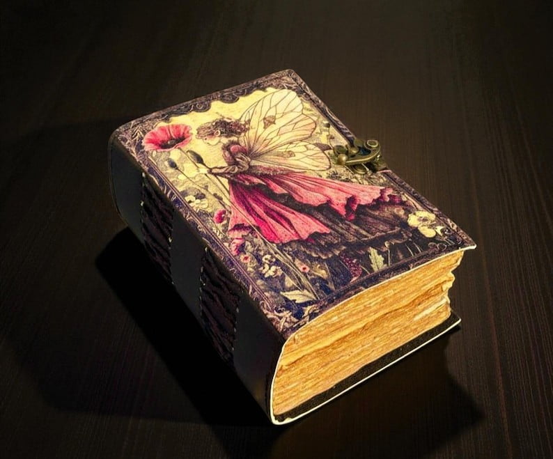 Handmade Leather Fairy Journal, 5x7” Vintage Notebook with 200 Handmade Pages, Antique Clasp – Fantasy Writing Diary & Gift