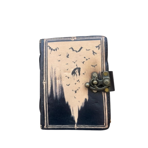 Handmade Leather Gothic Journal with Lock Bat & Dark Art Design Vintage Deckle Edge Notebook (5x7 Inch, 200 Pages) Rustic Diary Sketchbook
