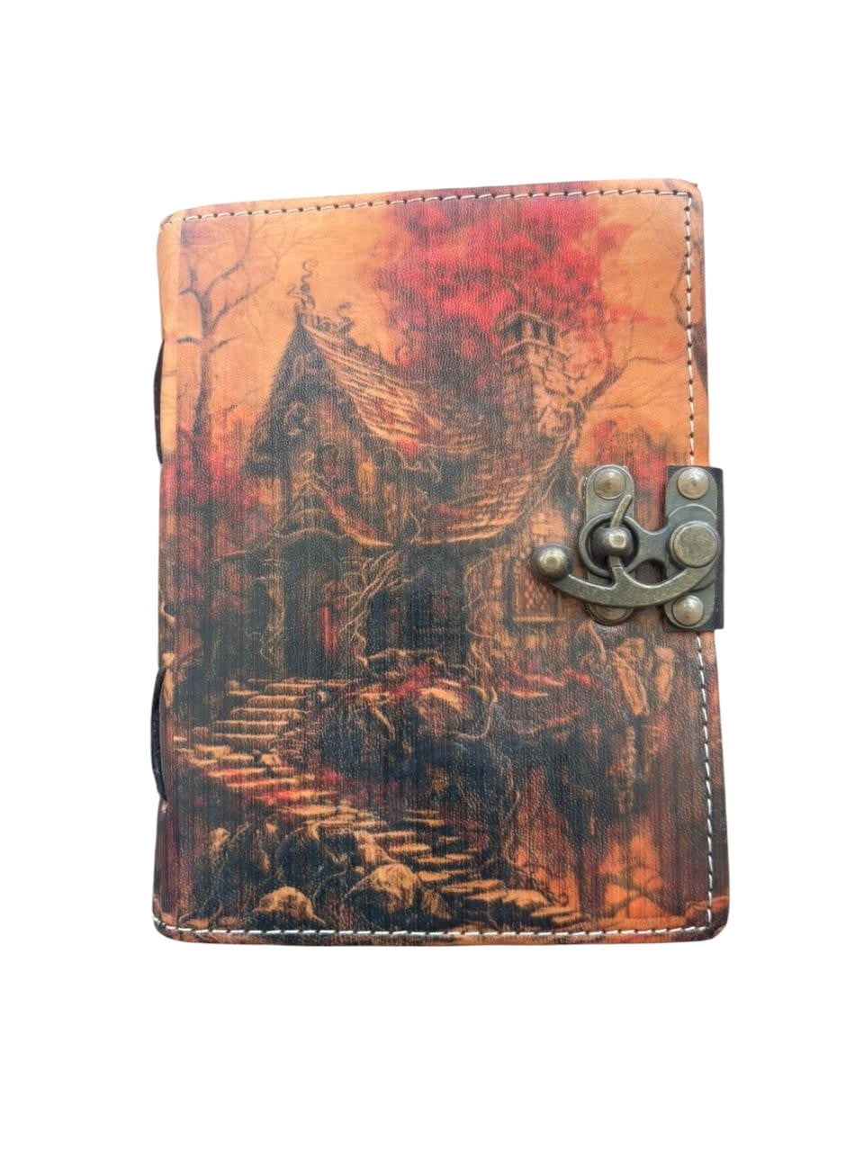 Handmade Leather Journal 5x7 – Gothic House Design, 200 Deckle Edge Pages, Vintage Rustic Notebook with Clasp