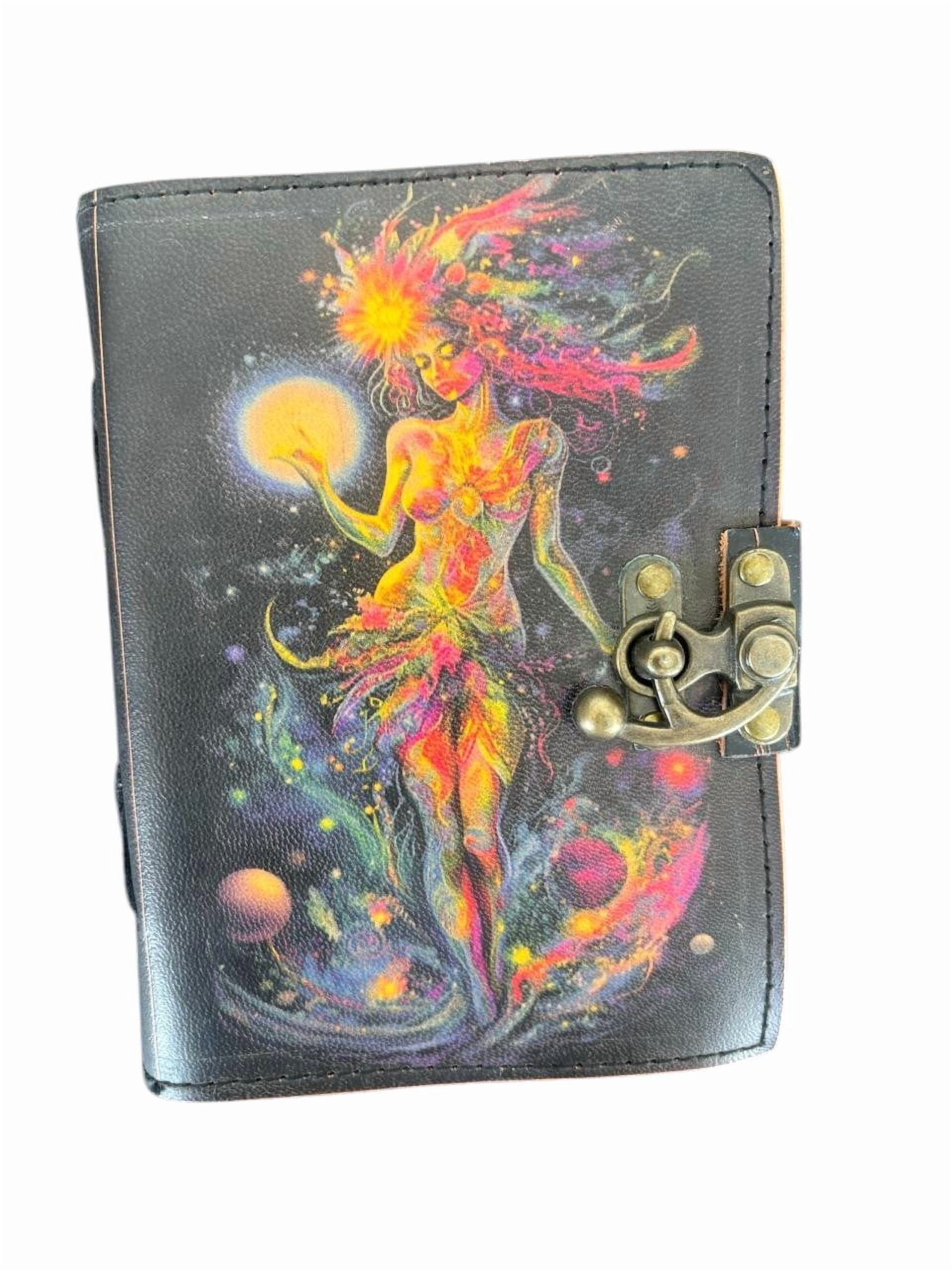 Handmade Leather Journal 5x7 Inch – Artistic Cosmic Design Cover, Deckle Edge Paper Notebook, Vintage Lock Diary, 200 Pages