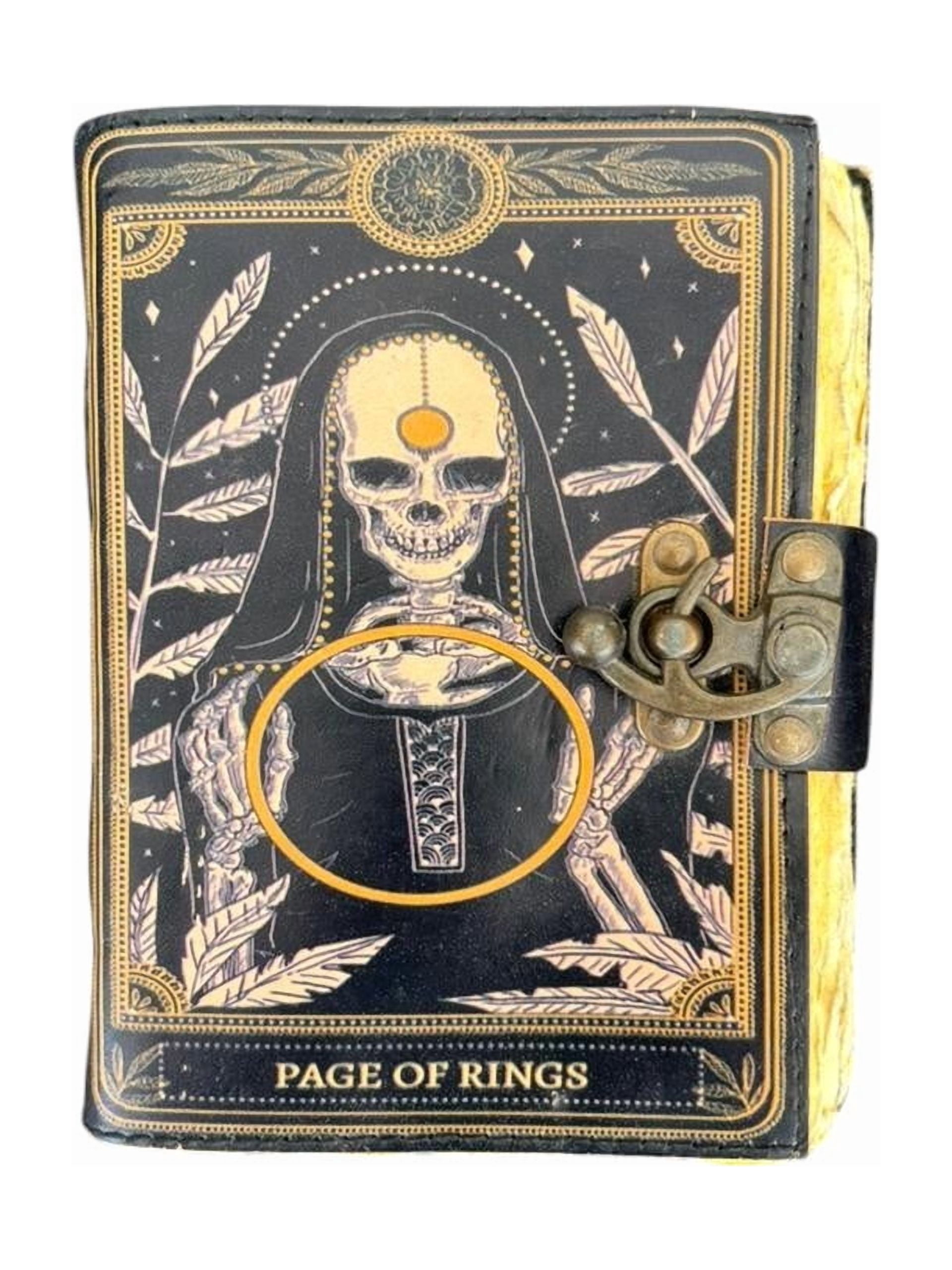 Handmade Leather Journal 5x7 Inch – “Page of Rings” Fantasy Design, Deckle Edge Paper Notebook, Vintage Lock Diary, 200 Pages