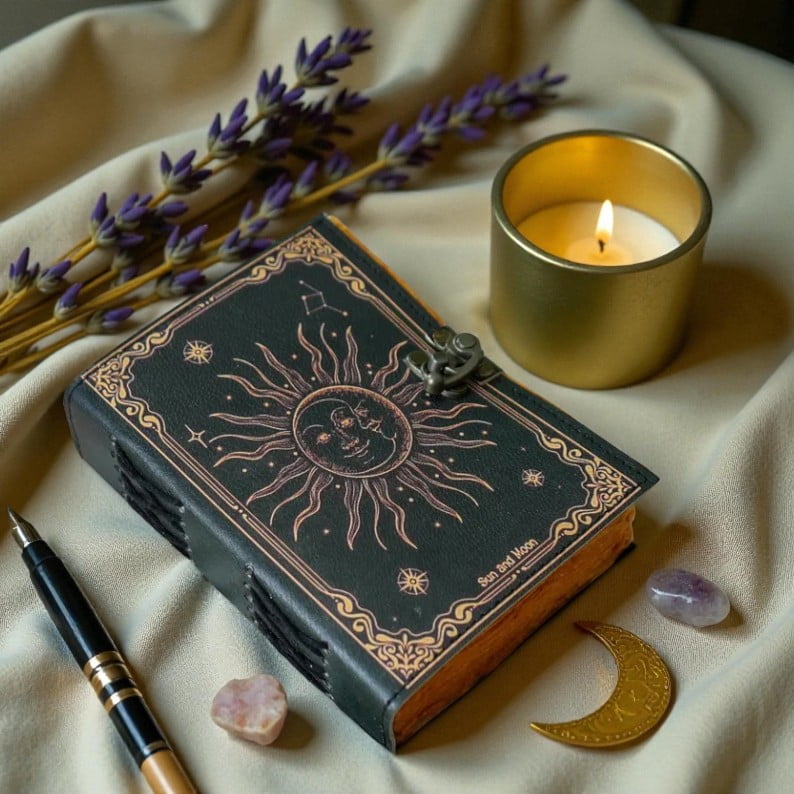 Handmade Leather Journal 5x7 Inch – Sun & Moon Embossed Notebook, 200 Deckle Pages, Vintage Writing Diary, Handmade Paper, Gift for Men & Women