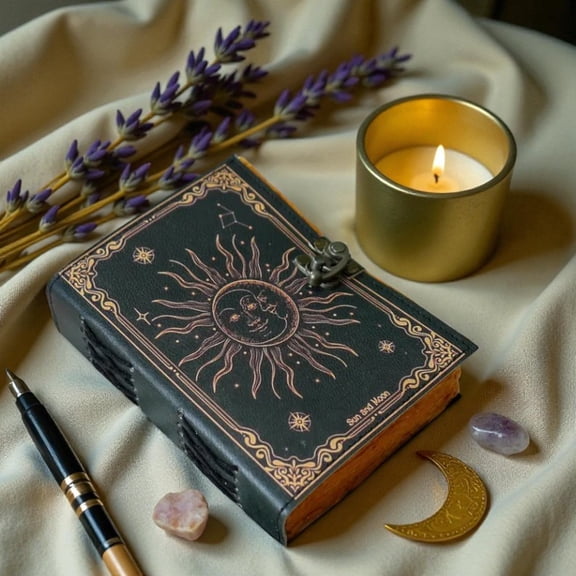 Handmade Leather Journal 5x7 Inch Sun & Moon Embossed Notebook, 200 Deckle Pages, Vintage Writing Diary, Handmade Paper, Gift for Men & Women