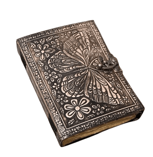 Handmade Leather Journal 5x7 Inch with Lock – 200 Pages Vintage Deckle Paper – Butterfly Engraved Writing Notebook – Rustic  Diary for Women & Men