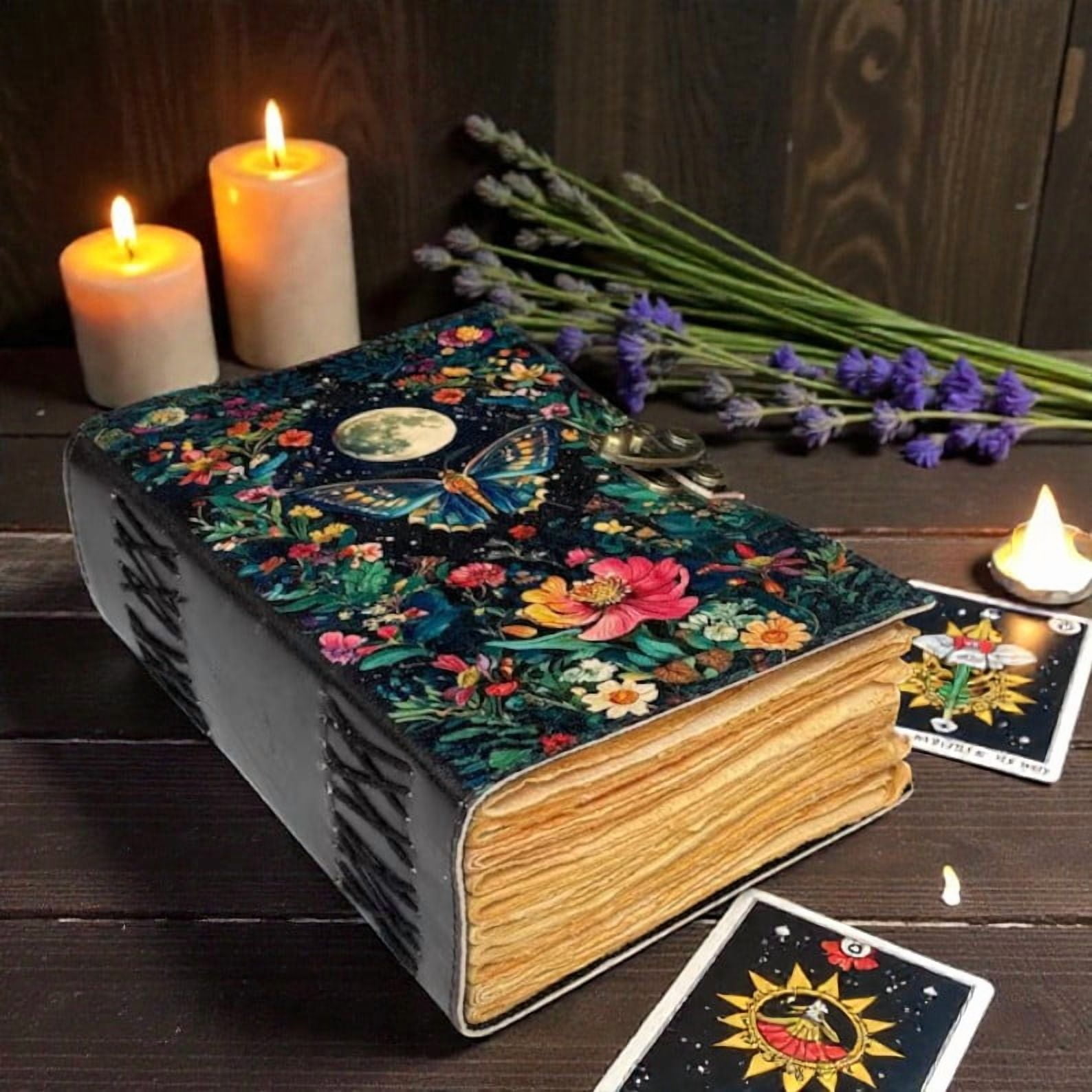 Handmade Leather Journal 5x7 Inches – Moon & Butterfly Floral Notebook, 200 Deckle-Edge Pages, Vintage Lock, Artisan Writing Diary