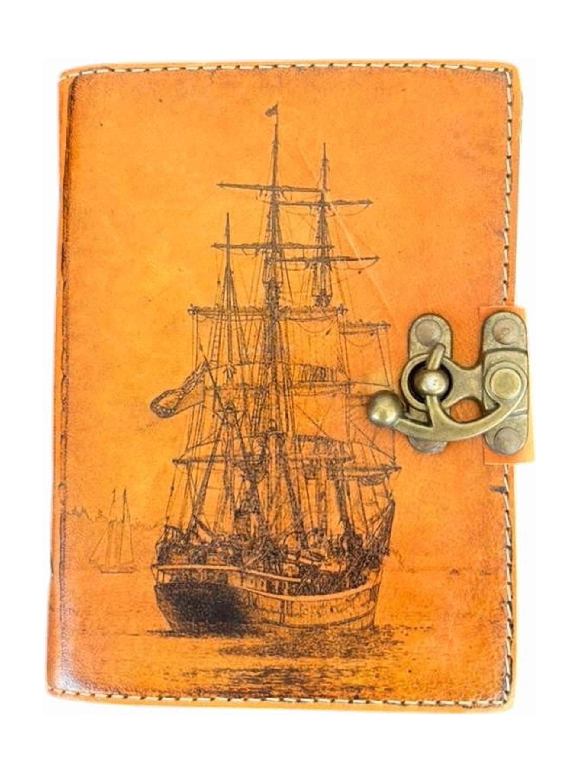 Handmade Leather Journal 5x7 – Vintage Ship Design Diary with Deckle Edge Paper, 200 Pages, Lock Closure