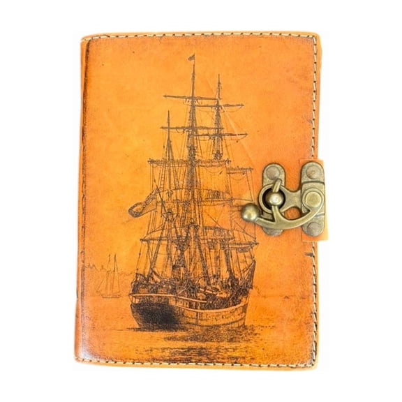 Handmade Leather Journal 5x7 Vintage Ship Design Diary with Deckle Edge Paper, 200 Pages, Lock Closure