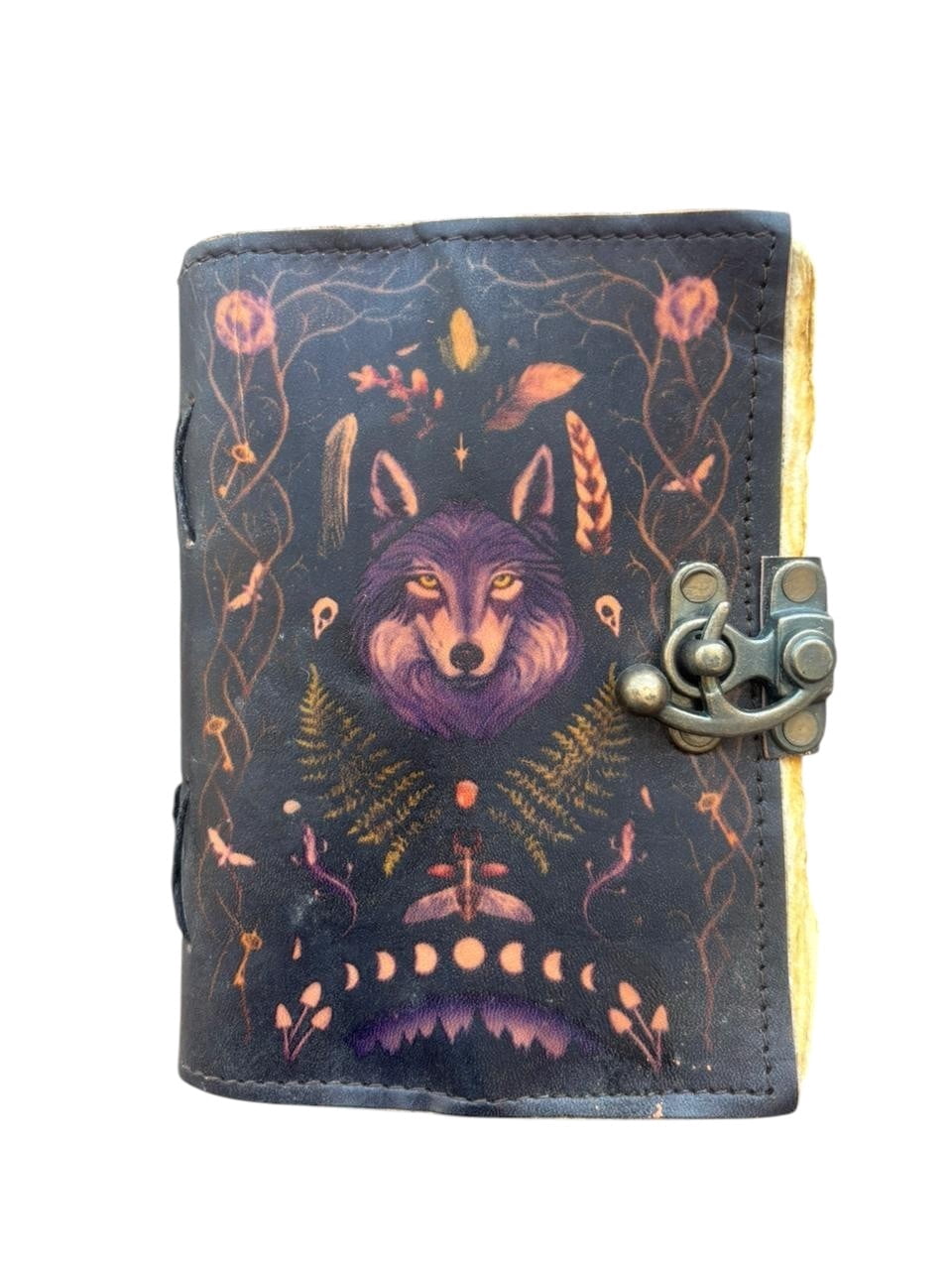 Handmade Leather Journal 5x7 – Wolf Design, 200 Deckle Edge Pages, Vintage Rustic Notebook with Clasp