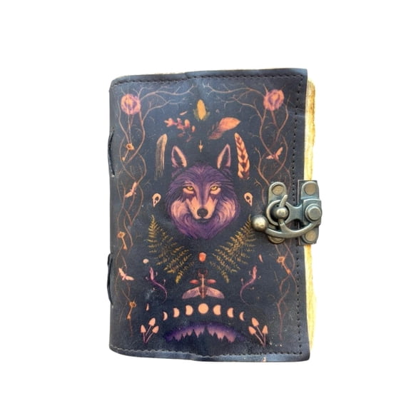 Handmade Leather Journal 5x7  Wolf Design, 200 Deckle Edge Pages, Vintage Rustic Notebook with Clasp