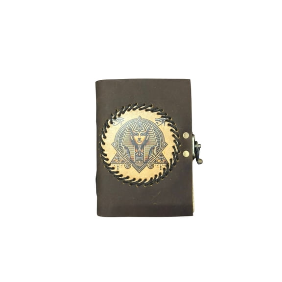 Handmade Leather Journal 6x4 Inch with Lock  Vintage Pharaoh Design Diary, Deckle Edge Handmade Paper Notebook, Travel Writing Journal
