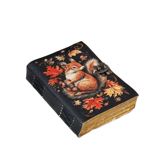 Handmade Leather Journal with Autumn Squirrel Artwork – 5x7 inch Vintage Notebook, 200 Handmade Paper Pages, Locking Clasp, Artisan Sketchbook & Diary