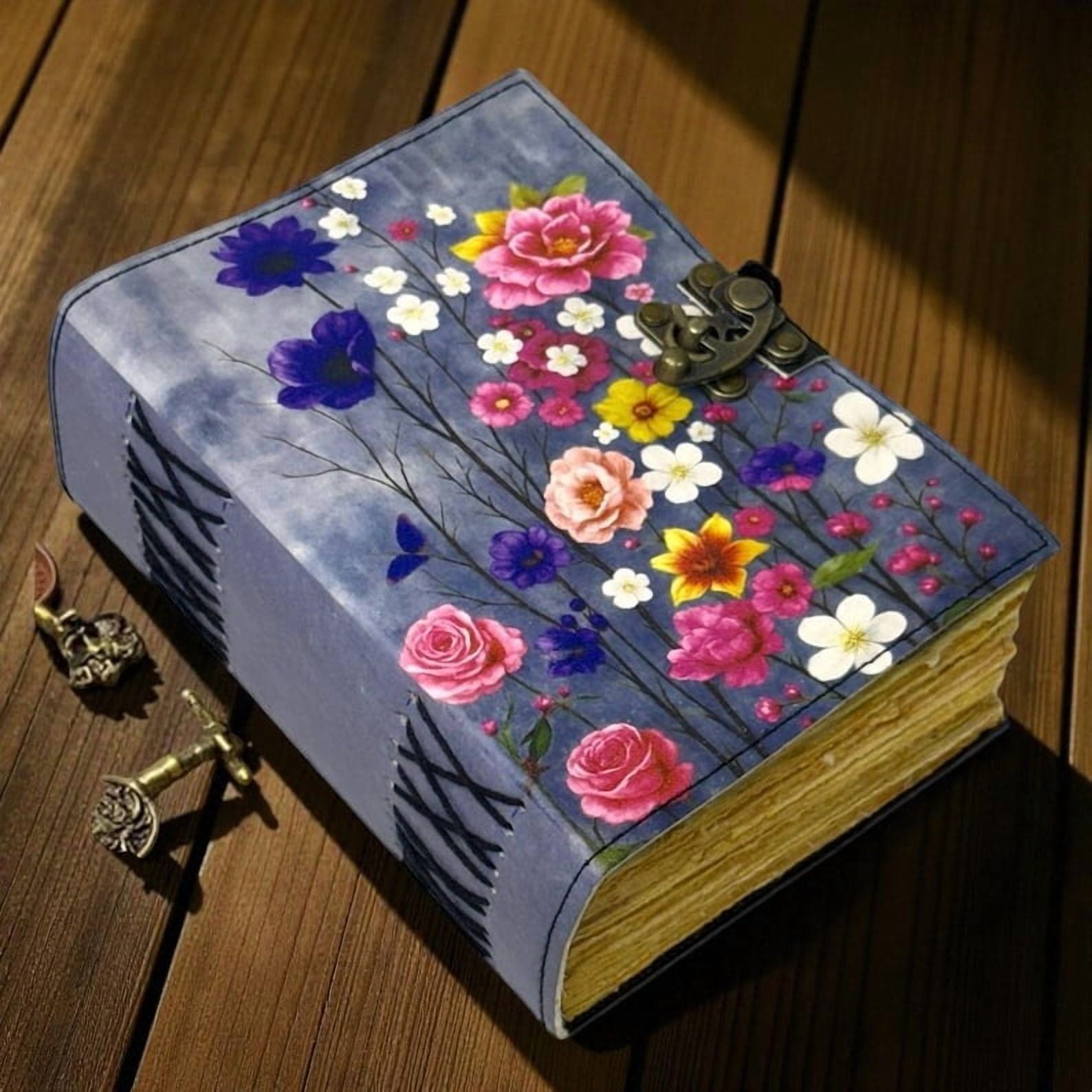 Handmade Leather Journal with Colorful Floral Artwork – 5x7 Inch Vintage Notebook, 200 Pages of Handmade Paper, Antique Latch – Writing, Sketching & Gift Diary