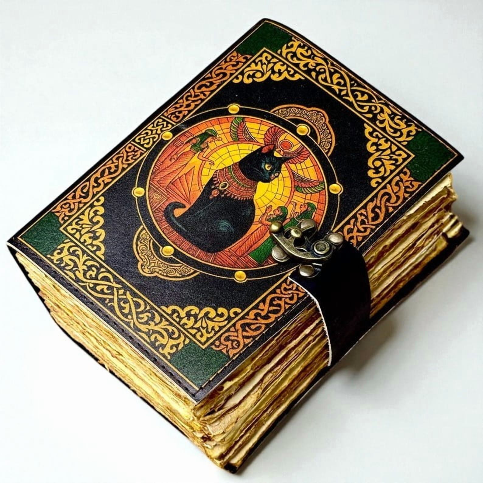 Handmade Leather Journal with Egyptian Cat Artwork – 5x7 Inch Vintage Notebook, 200 Pages of Handmade Paper, Antique Latch – Writing, Sketching & Gift Diary