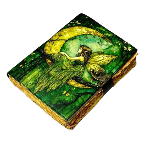 Handmade Leather Journal with Fairy Artwork – 5x7 Inch Vintage Notebook with 200 Deckle Paper Pages, Locking Clasp, Handmade Gift Diary for Writing, Sketching & Collecting