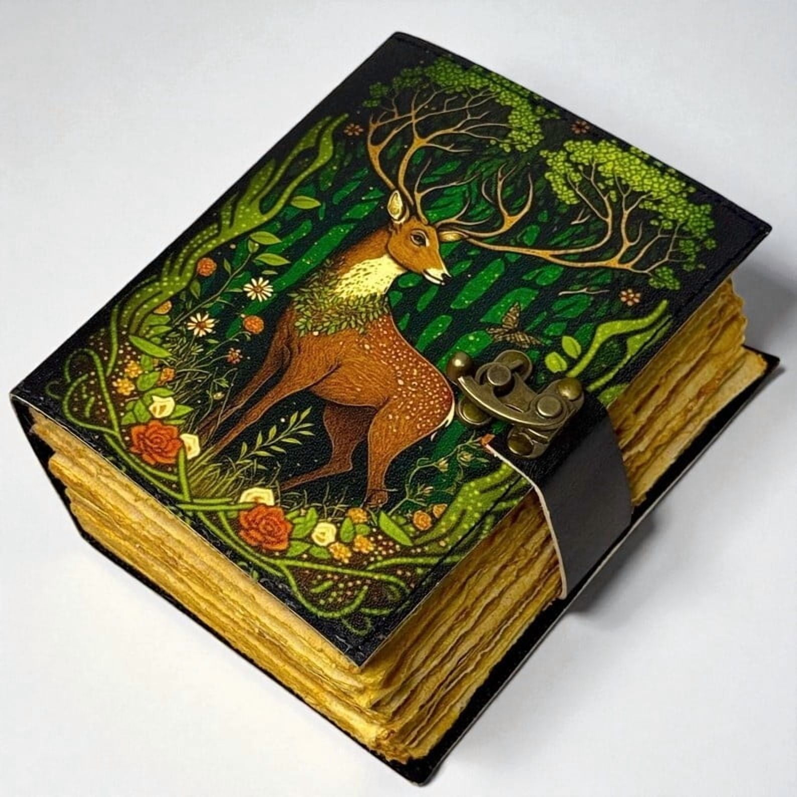 Handmade Leather Journal – Forest Deer Design, 5x7 in, 200 Handmade Deckle Pages, Vintage Clasp, Aesthetic Writing Notebook