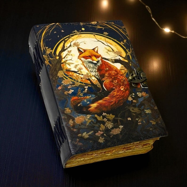Handmade Leather Journal with Fox Artwork – 5x7 Inch Vintage Notebook, 200 Pages, Rustic Handmade Paper, Locking Strap – Writing, Sketching & Gift Journal