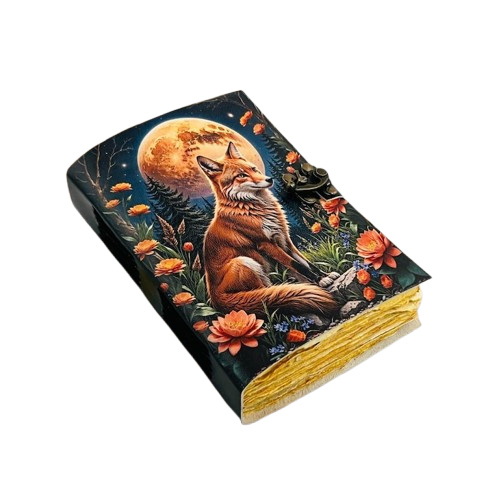 Handmade Leather Journal – Fox & Moon Design (5x7 inch, 200 Handmade Deckle Pages