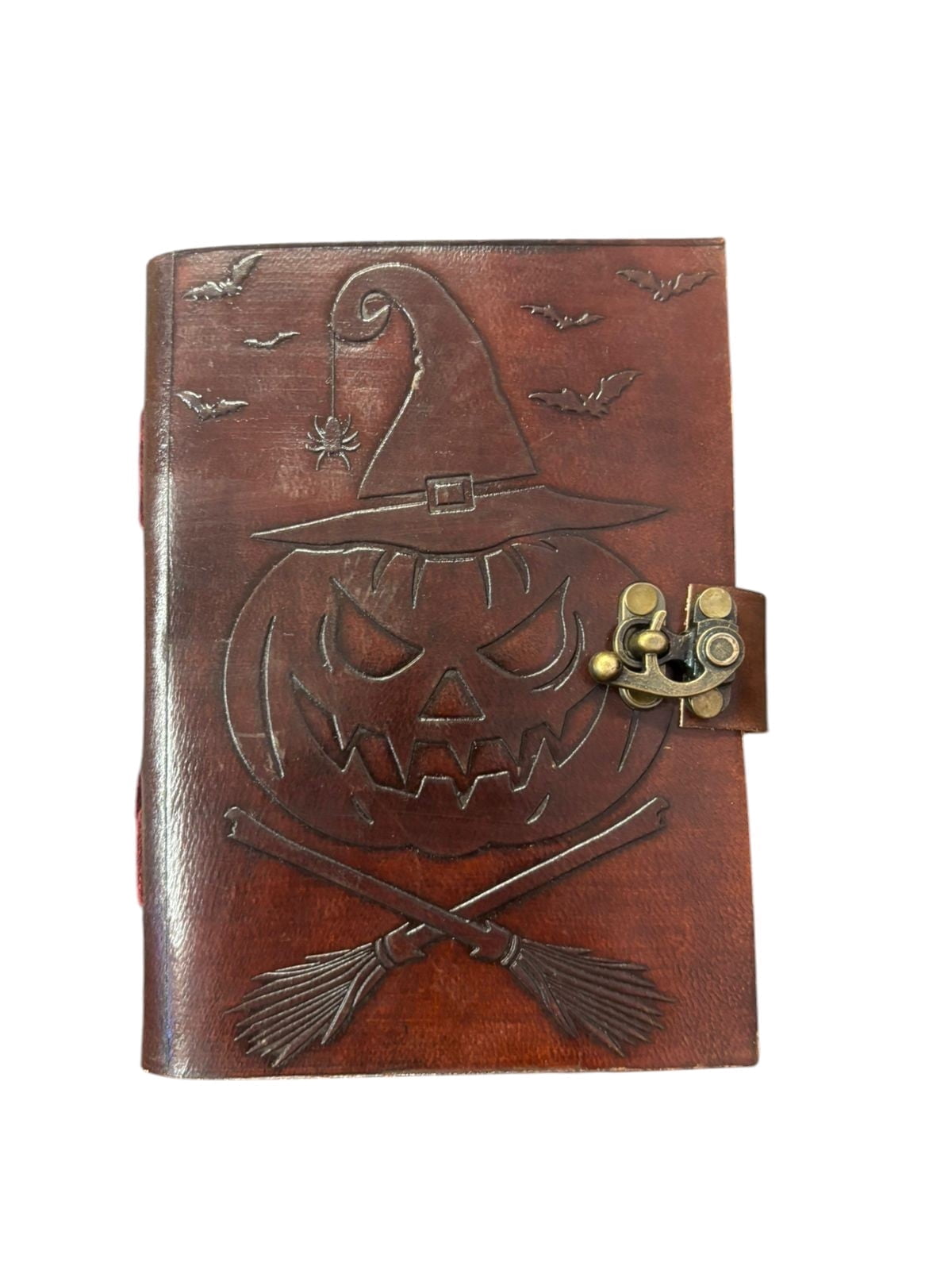 Handmade Leather Journal Halloween Pumpkin Design – Vintage 5x7 Inch Sketchbook with Drawing Paper & Metal Lock Closure