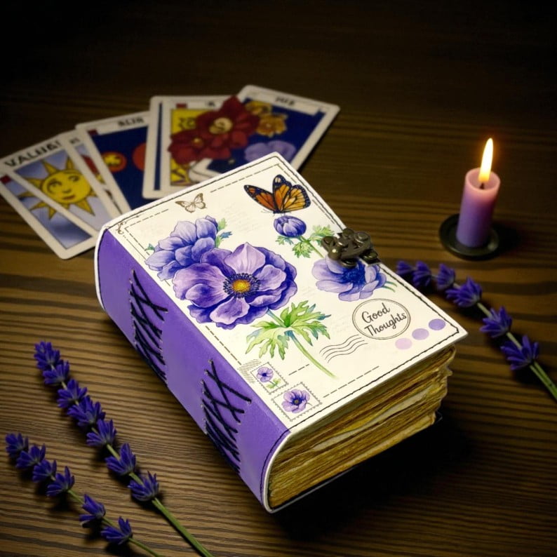 Handmade Leather Journal with Lavender Floral Art – 5x7 Inch Vintage Diary with 200 Deckle Edge Handmade Pages, Writing & Sketch Notebook, Aesthetic Butterfly Cover, Christmas Fest
