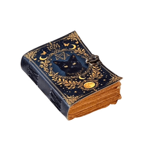 Handmade Leather Journal with Mystical Black Cat Design – 5x7 inch Vintage Notebook, 200 Handmade Paper Pages, Metal Clasp, Witchy Moon & Stars Artwork