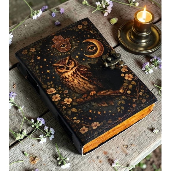 Handmade Leather Journal Owl Design with Clasp 5x7 Inch Vintage Deckle Edge Paper Notebook, 200 Pages Rustic Writing Diary