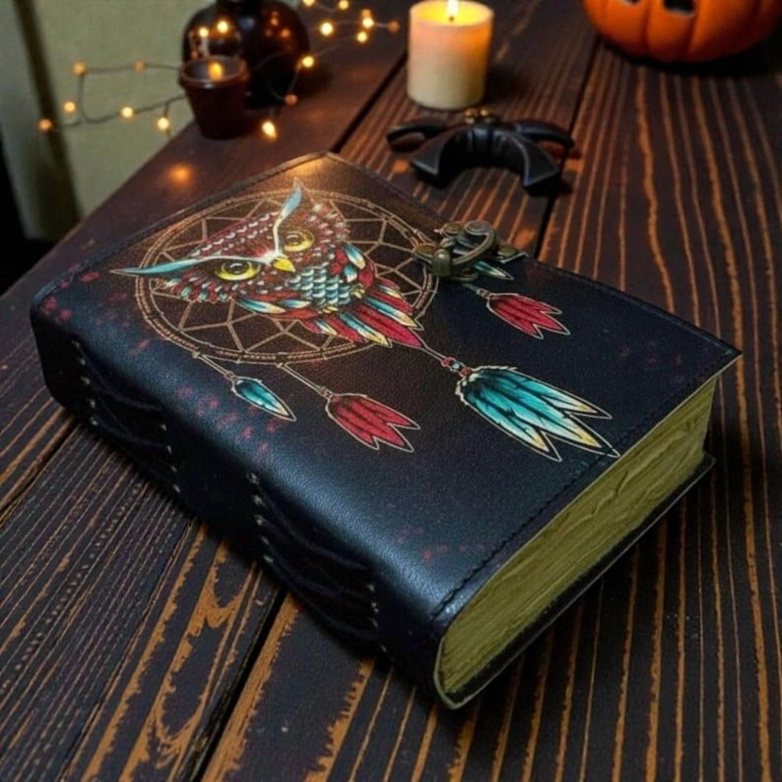 Handmade Leather Journal – Owl Dreamcatcher Design, Vintage Notebook with 200 Deckle-Edge Pages & Metal Clasp