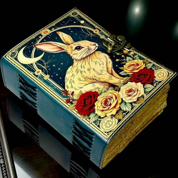Handmade Leather Journal with Rabbit & Roses Artwork – 5x7 Inch Vintage Notebook, 200 Pages of Handmade Paper, Antique Latch – Writing, Sketching & Gift Diary