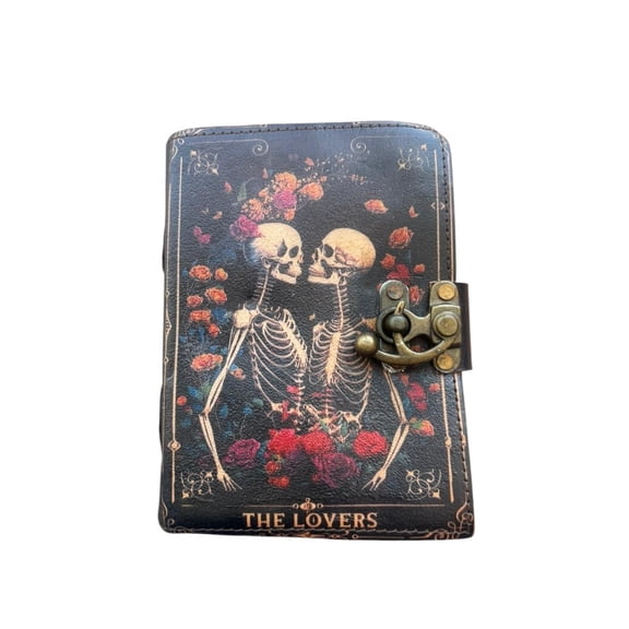 Handmade Leather Journal The Lovers Skull Design with Lock  Vintage Deckle Edge Paper Notebook (5x7 Inch, 200 Pages)  Gothic Romantic Diary