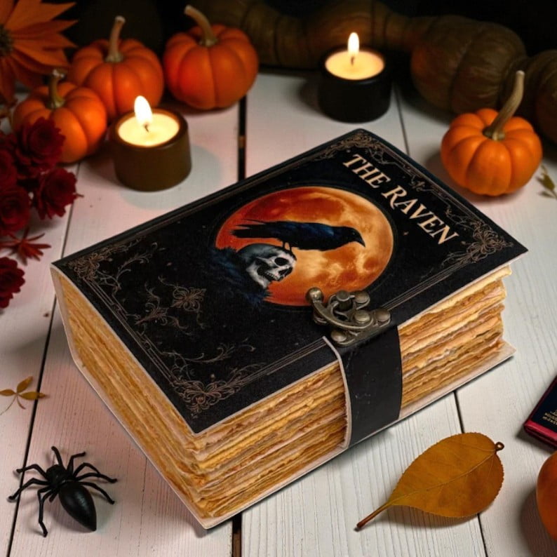 Handmade Leather Journal – “The Raven” Gothic Vintage Notebook, 200 Deckle-Edge Pages, Halloween Theme Diary
