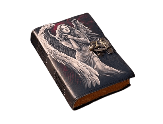 Handmade Leather Journal with Angel Artwork – 5x7 Inch Vintage Deckle Paper Notebook, 200 Pages