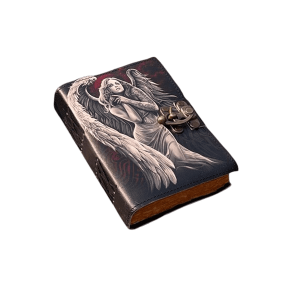 Handmade Leather Journal with Angel Artwork – 5x7 Inch Vintage Deckle Paper Notebook, 200 Pages