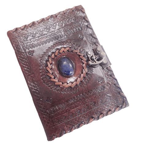 Handmade Leather Journal with Blue Stone 5x7 Inch Embossed Notebook, 200 Pages of White Drawing Paper