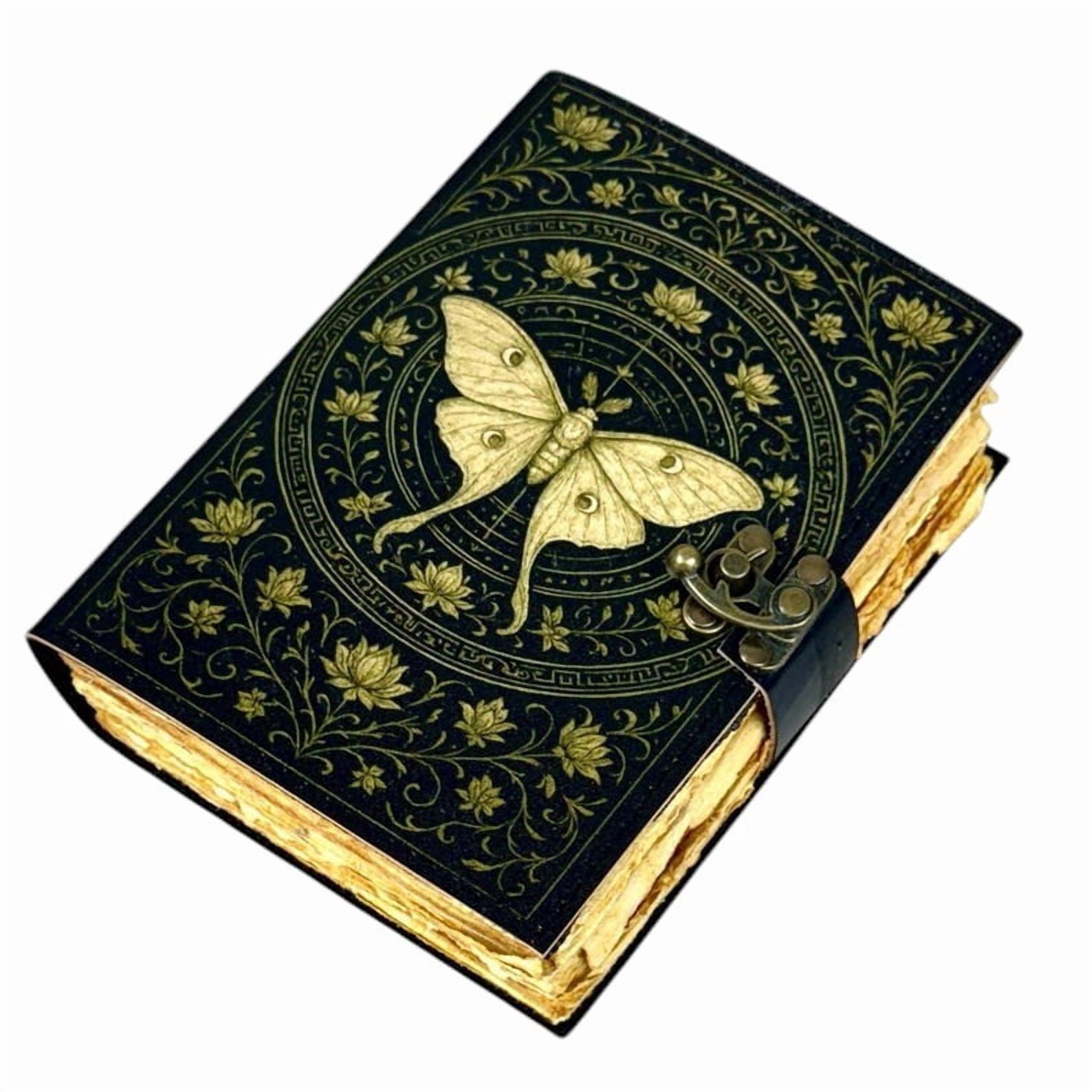 Handmade Leather Journal with Butterfly Design, 200 Deckle Edge Pages, 5x7 Vintage Notebook with Metal Clasp Closure