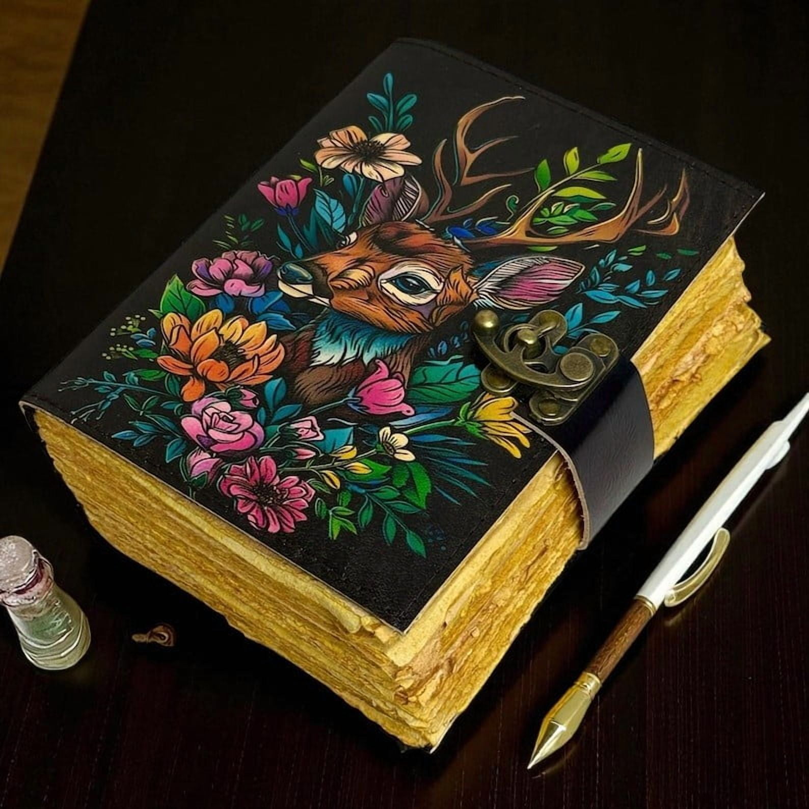 Handmade Leather Journal with Colorful Deer & Floral Artwork – 5x7 Inch Notebook, 200 Handmade Deckle Pages, Vintage Clasp, Artistic Writing Diary