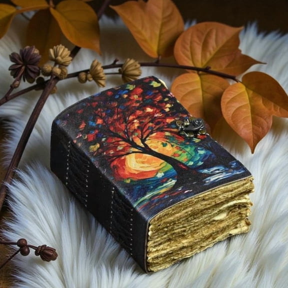 Handmade Leather Journal with Colorful Tree Art 5x7 inch Vintage Notebook, 200 Deckle Edge Pages, Artistic Cover, Antique Metal Lock
